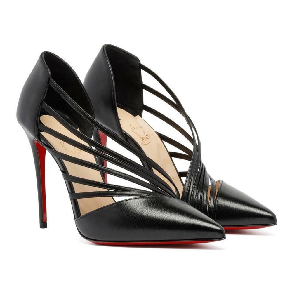Christian Louboutin Antinorina 100 Black Leather Strappy Pointed Heel Pump 39.5